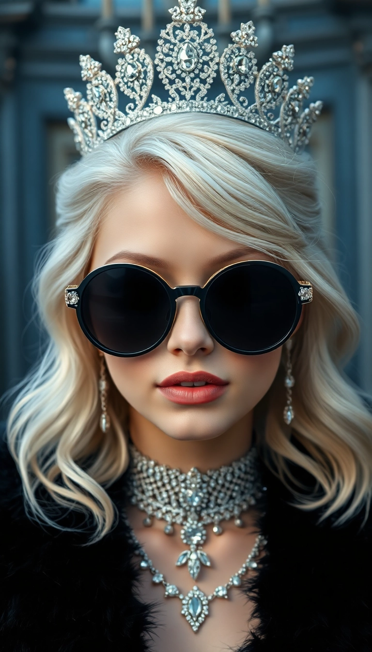 HD iPhone AI Young Platinum Blonde Queen in Black Fur Gorgeous Wallpaper Pic